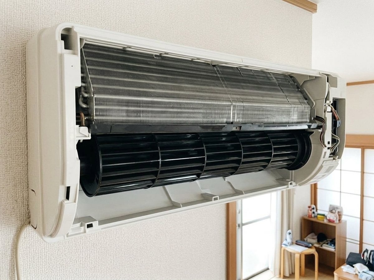 クリーニング後のエアコン内部。熱交換器と送風ファンがぴかぴかに洗浄されている