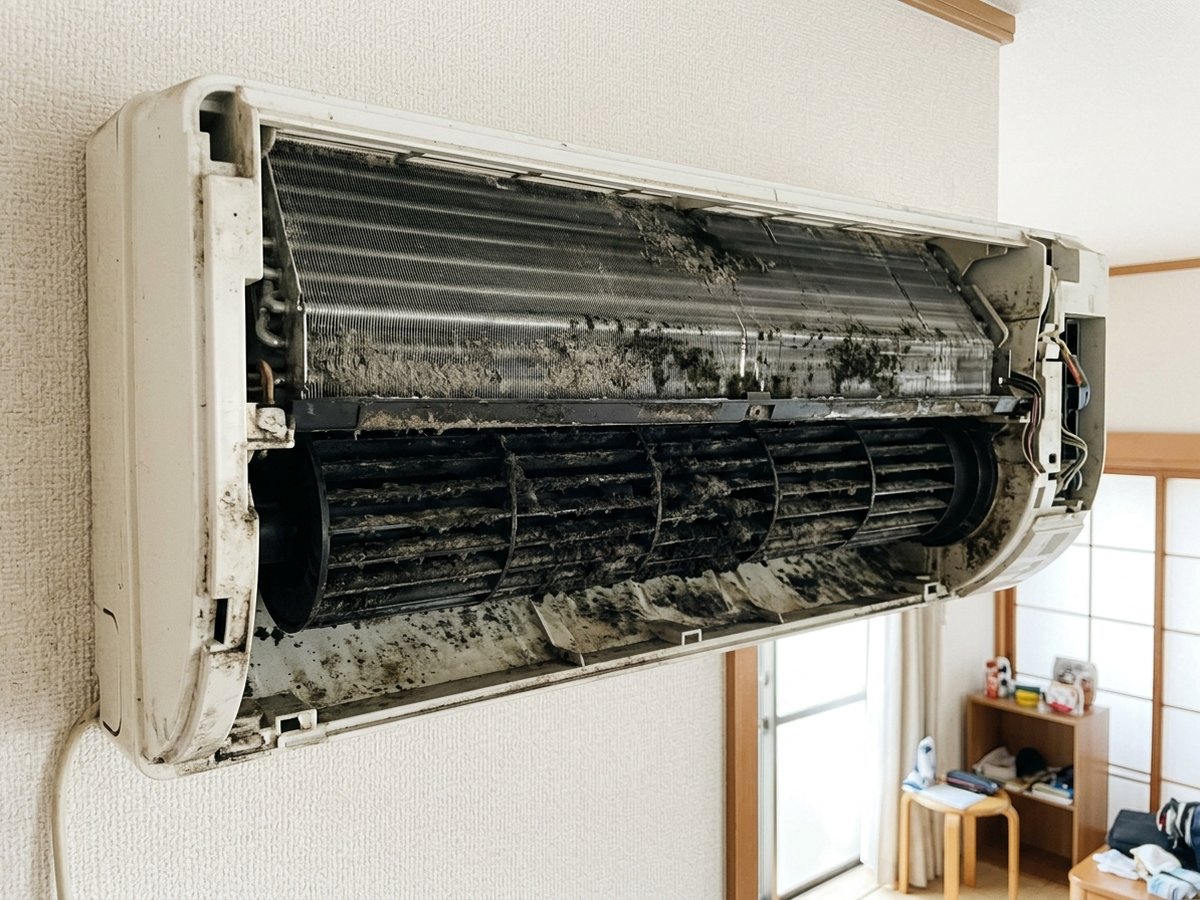 長年クリーニングをしていないエアコン内部。熱交換器と送風ファンが黒いカビ・ホコリで覆われている